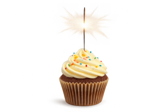 Cupcake with lit sparkler celebrating birthday party, transparent - Powered by Adobe