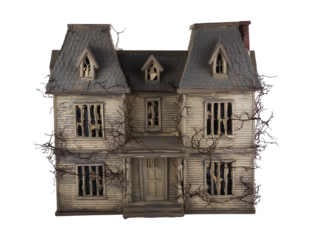Miniature model of a two-story gothic house with a weathered facade and transparent background