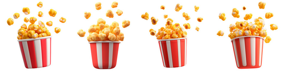 Set of 3d Rendered Popcorn in Striped Buckets with Flying Kernels