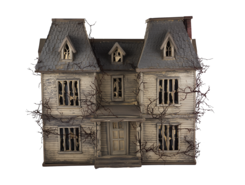 Miniature model of a two-story gothic house with a weathered facade and transparent background