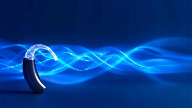 Modern hearing aid with blue sound waves. Concept of enhanced auditory perception and hearing restoration technology footage.