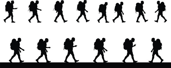Silhouette of hikers walking in line with backpacks, outdoor trekking adventure, travel exploration, mountain hiking, camping, journey and exploration concept