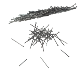 Long Nail fly floating in mid air. Many group new long nails metal fall as construction tools. Abstract long nails explode unbox. White background isolated high speed shutter freeze motion