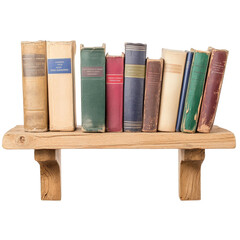 Naklejka premium Old hardcover book collection on wooden shelf, vintage literature, classic reading, cozy and nostalgic home decor