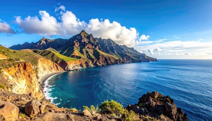 Dramatic Coastal Scenery with Jagged Cliffs and Deep Blue Ocean Water Under Bright Daylight in Canary Islands