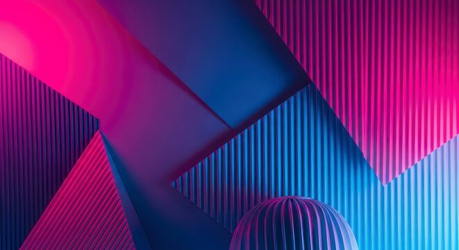 Abstract geometric composition with intersecting planes ribbed textures and a striped sphere in blue and pink neon light