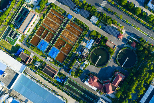 Aerial view of modern wastewater treatment facility