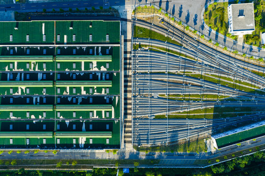 Aerial view of railway tracks and train depot