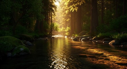 Sunlight streams through tall trees onto forest river
