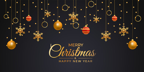 Realistic Christmas golden ball rad ball golden snow and golden snowflakes background design