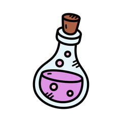 Fantasy Doodle Illustration of a Clear Potion Bottle with Purple Liquid and Bubbles on a Transparent Background