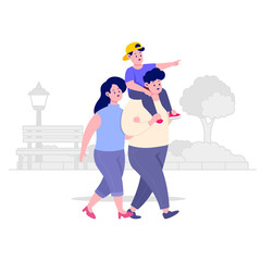 Family Walking in Park Flat Vector Illustration Father Carrying Son on Shoulders in a Park with Trees and Bench Transparent Background