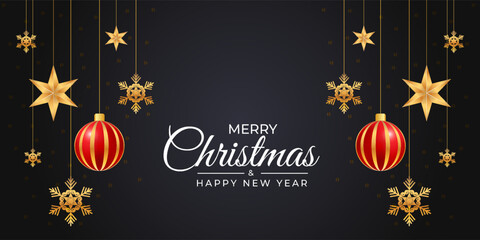 Realistic Christmas golden ball rad ball golden snow and golden snowflakes dark background design