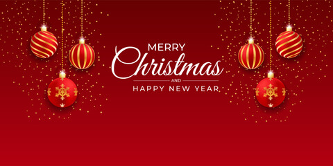 Christmas banner red background with red ball and Christmas ornaments