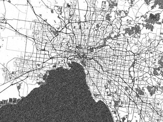 Obraz premium Decorative black and white map of Melbourne, Australia, rendered in sketch-like style.