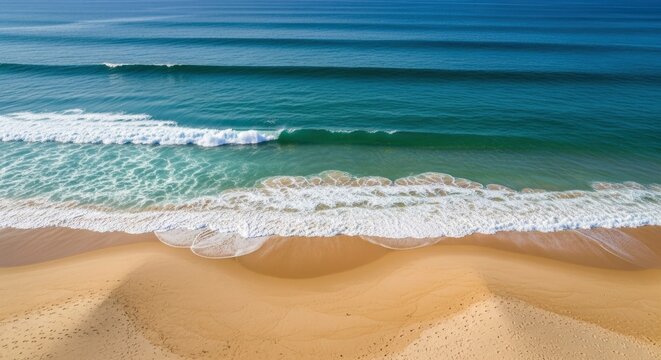 An aerial view captures golden sand meeting the clear ocean with several waves breaking and receding along the shore - Powered by Adobe