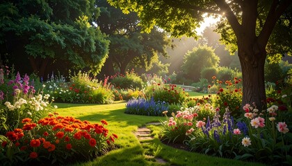 Obraz premium Sunny garden path, vibrant flowers