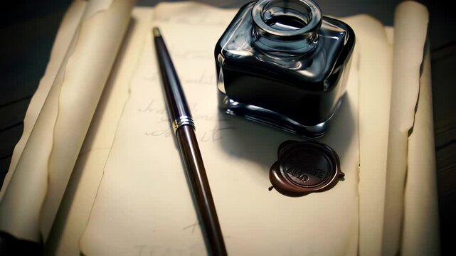 Calligraphy pen and inkwell on vintage writing paper
