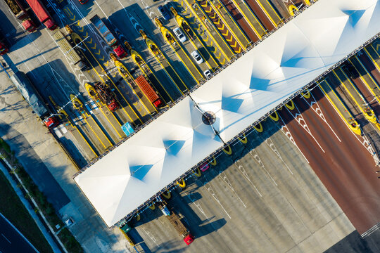 Aerial view of highway toll plaza