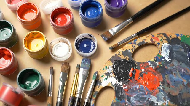 A flatlay of acrylic paints and brushes on a wooden palette