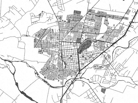 Urban black and white map of Curico, Chile, designed in a sketch style for prints.