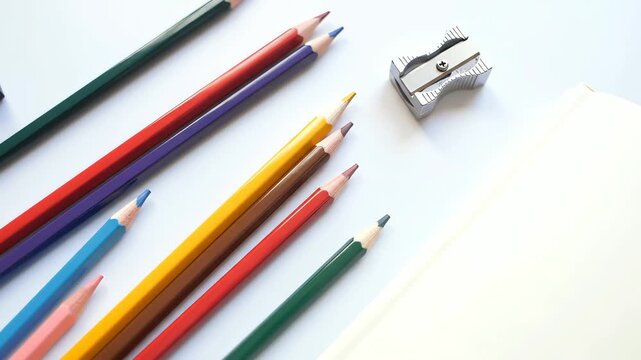 A collection of colored pencils and sharpener on white surface