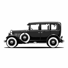 Classic 1920s black sedan car. Side view of a retro luxury automobile from the Prohibition era. Vector illustration of a vintage vehicle isolated on a white background.