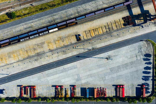 Aerial view of railway freight yard and container depot