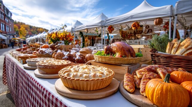 Autumn harvest festival town square food market vibrant atmosphere eye-level view seasonal bounty