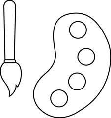 A paintbrush and palette with four wells depicted in black and white