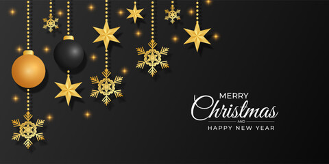 Merry christmas banner with christmas ball and golden stars with christmas light