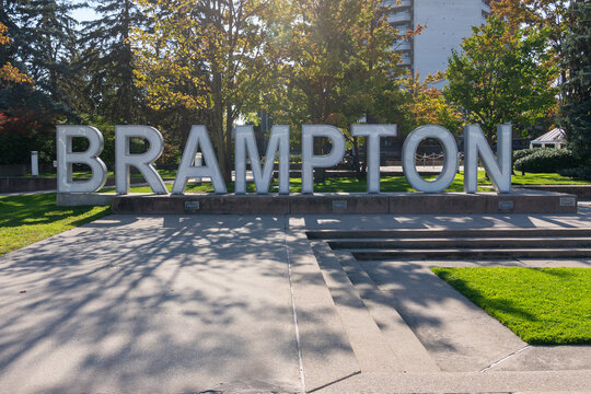 Brampton, Ontario, Canada - October 4, 2025: large Brampton ground sign at Brampton City Hall in downtown Brampton, Ontario, Canada. Brampton is a Canadian city in Ontario&rsquo;s Greater Toronto Area.
