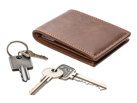 Brown leather wallet and keys ready for daily use accessories isolated on transparent background