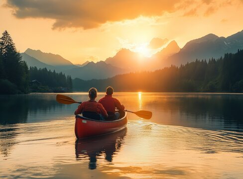 Couple paddles red canoe on serene lake at golden mountain sunset
