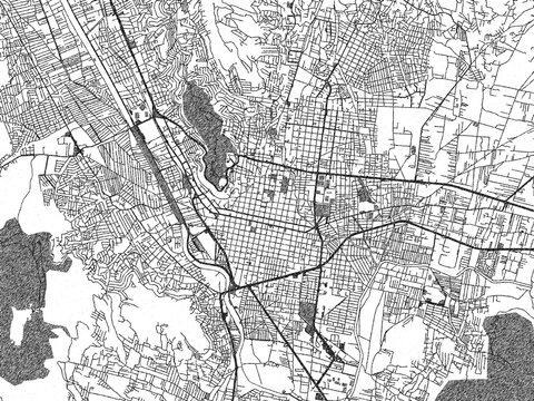 Stylized decorative city map of Oaxaca, Mexico, hand-drawn in black and white.