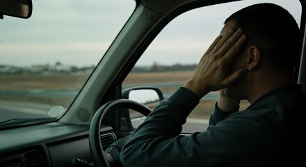 Stressed driver with hands on head in frustration inside car. Man feeling overwhelmed and anxious on the road.