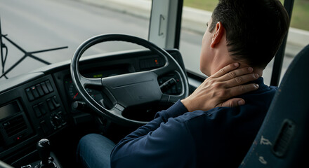 Professional driver experiencing neck pain and discomfort behind the wheel of a bus