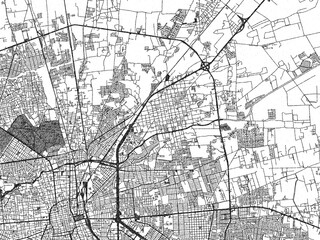 Hand-drawn style black and white city map of Soledad de Graciano Sanchez, Mexico, with detailed streets and textures.
