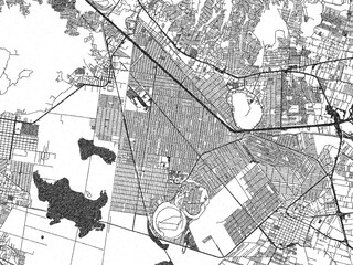 Black and white cartographic illustration of Xico, Mexico, in hand-drawn sketch form.