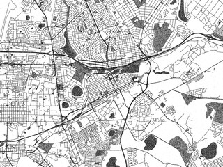 Illustrated city map of Benoni, South Africa, in black and white, showing roads and textures.