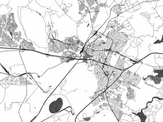Obraz premium Black and white illustrated map of Emalahleni, South Africa, with streets, rivers, and neighborhoods.