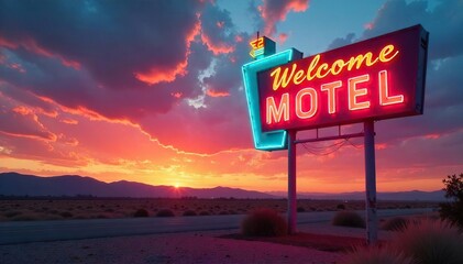 Retro Welcome Motel Sign at Sunset Classic Americana Road Trip Destination