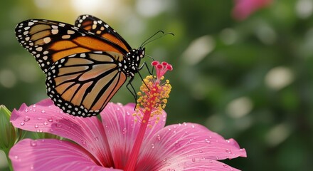 Fototapeta premium An orange and black butterfly rests on a large pink flower covered in dew drops set against a soft green background