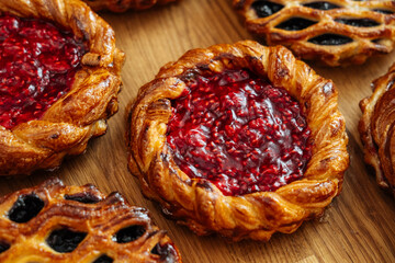 Raspberry and blueberry braided fruit pastries on wooden surface