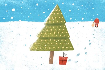 Lonely Christmas Tree with Gift and Santa Silhouette