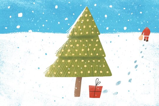 Lonely Christmas Tree with Gift and Santa Silhouette