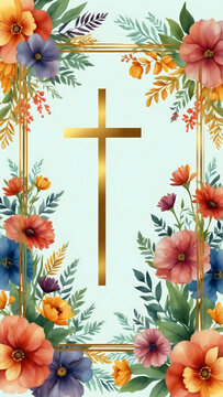 A golden cross surrounded by vibrant floral arrangements
