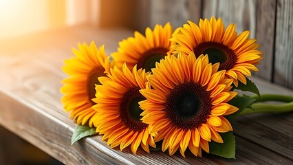 Vibrant sunflowers on a rustic wooden surface, bathed in warm natural sunlight with a soft blurred background.