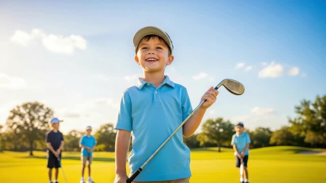 joyful young boy wearing blue polo and visor smiles holding golf club on sunny golf course Other children are visible in the blurred background under clear sky