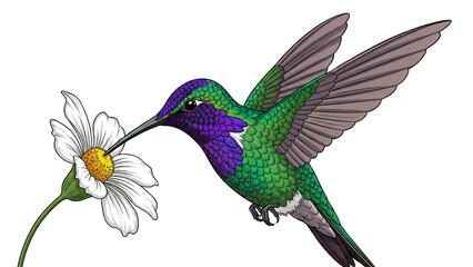 Obraz premium Hummingbird with green and purple feathers feeding on a white daisy flower.